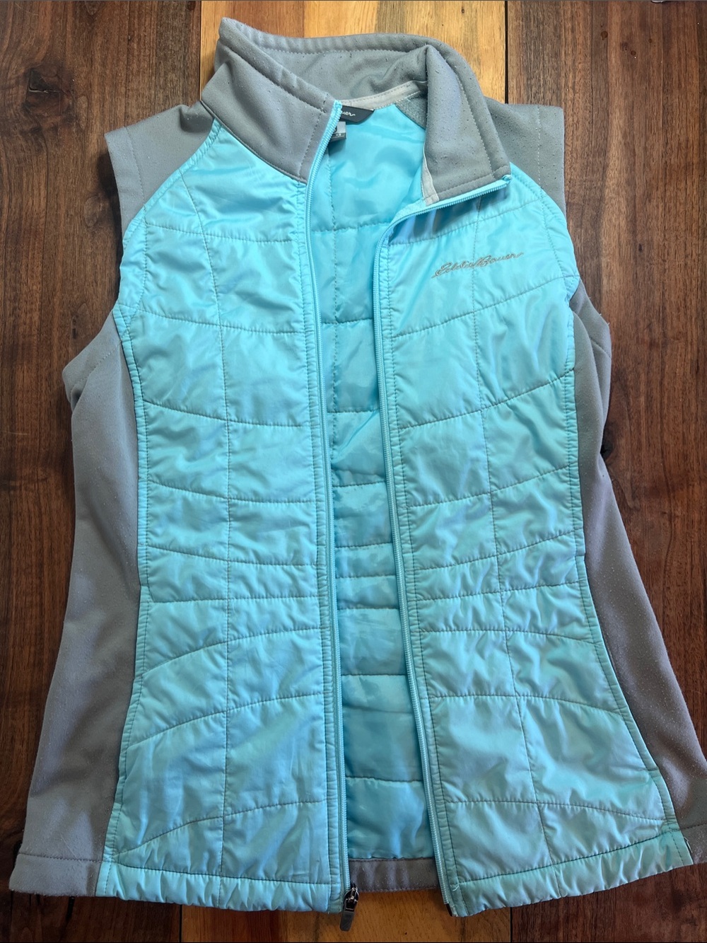Eddie Bauer Aqua Quilted Sleeveless Vest with Gray Panels